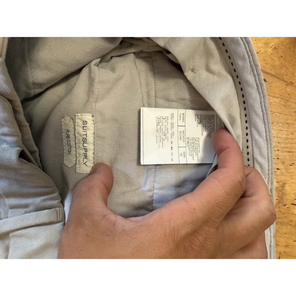 SUITSUPPLY Porto Trousers Men's UK 50 W/34x28 Chino Zip Fly Pockets Khaki Logo